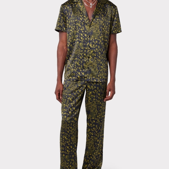 Men's Satin Green & Navy Hidden Leopard Print Pj Set - Picture 3 of 4